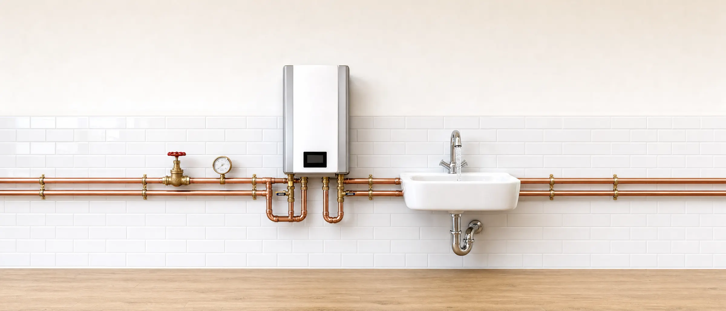 A utility wall: water runs from the main valve through the water heater to the faucet