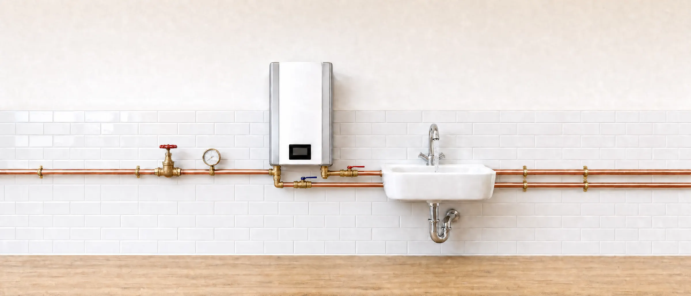 A utility wall: water runs from the main valve through the water heater to the faucet