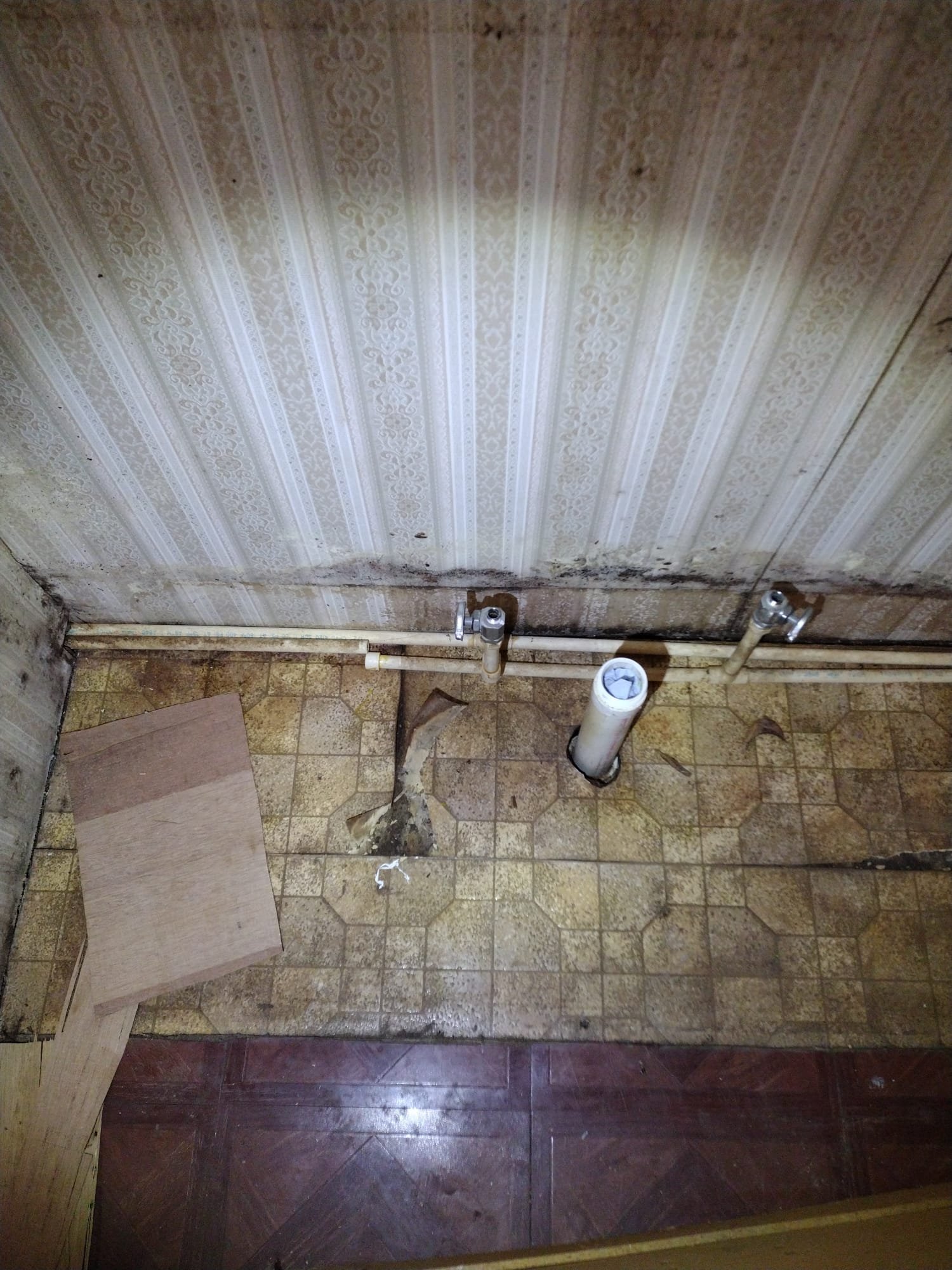 This image shows an area with older wallpaper and exposed plumbing components before restoration, underscoring the importance of maintenance for a healthy system