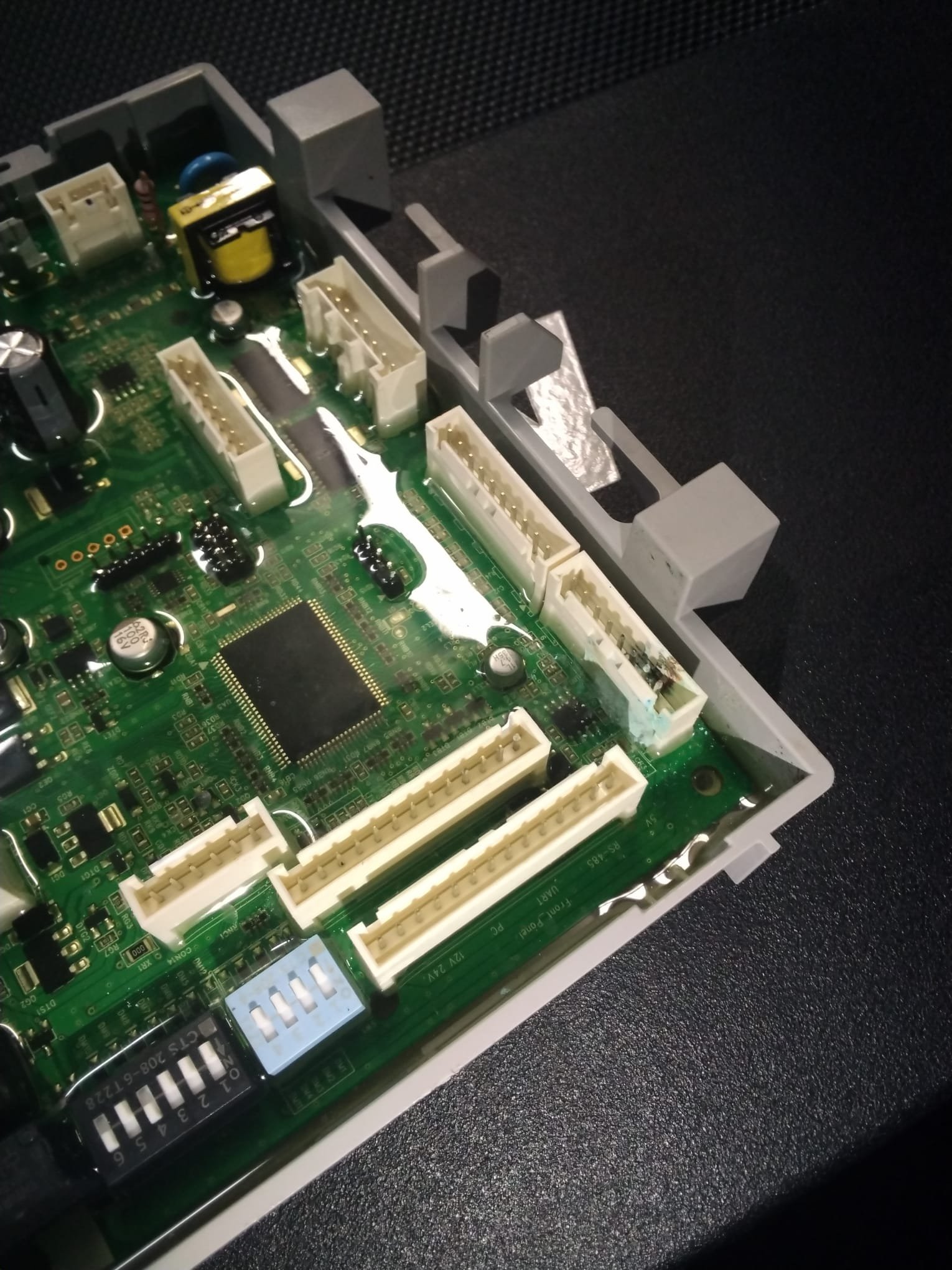 A close-up view of the newly installed circuit board, showcasing updated components