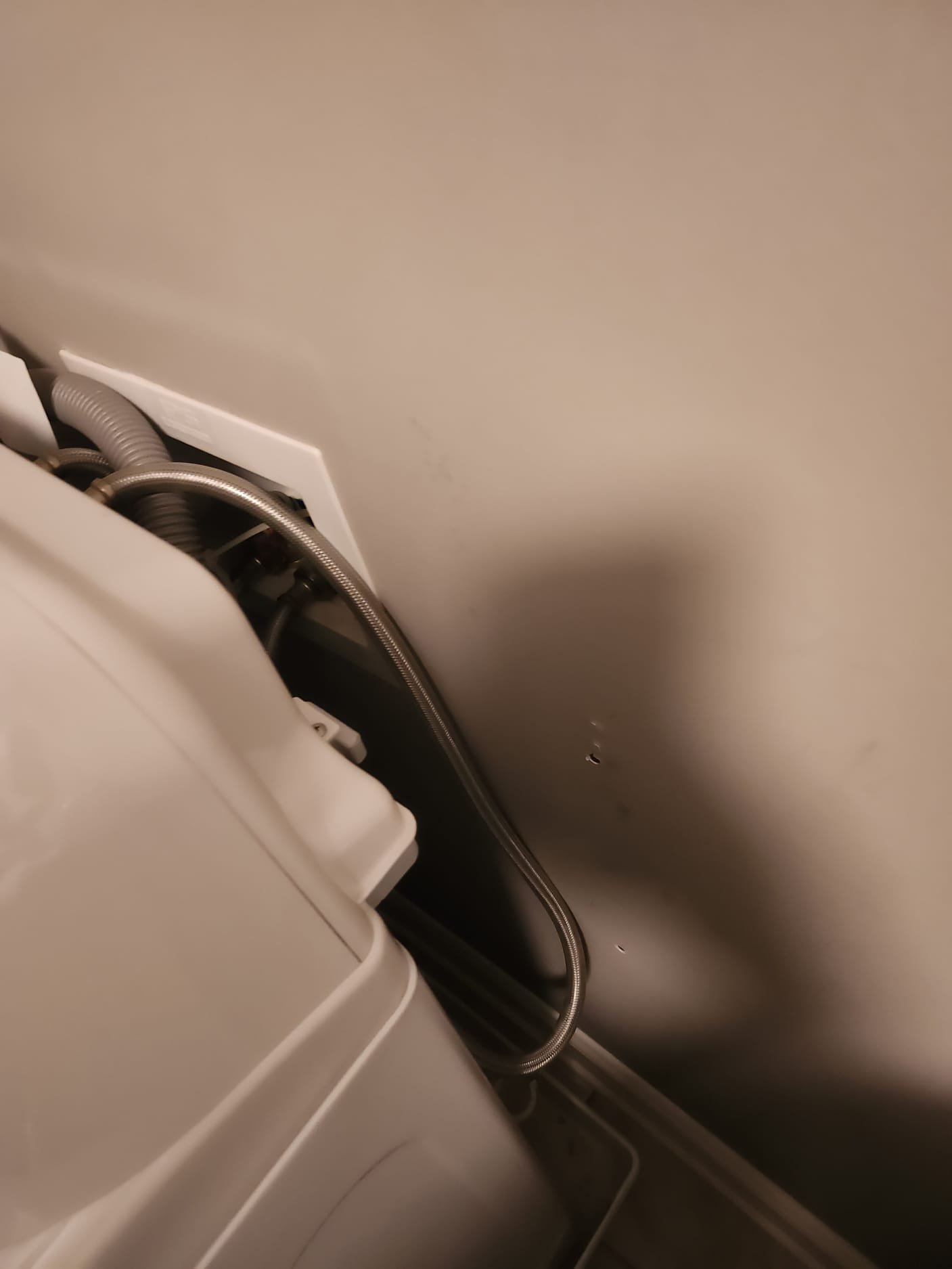 Laundry area with washing machine and flexible metal hose