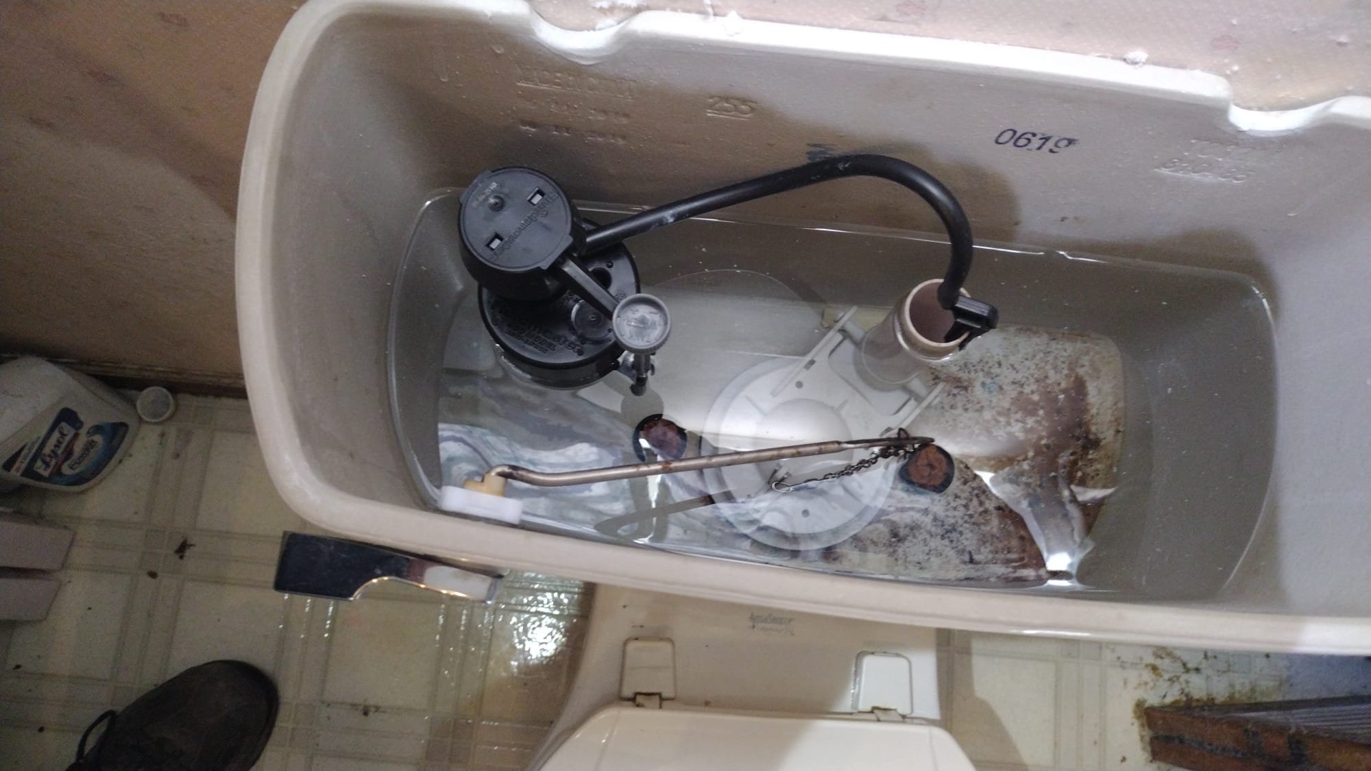 Inside toilet tank with newly installed fill valve and older components visible