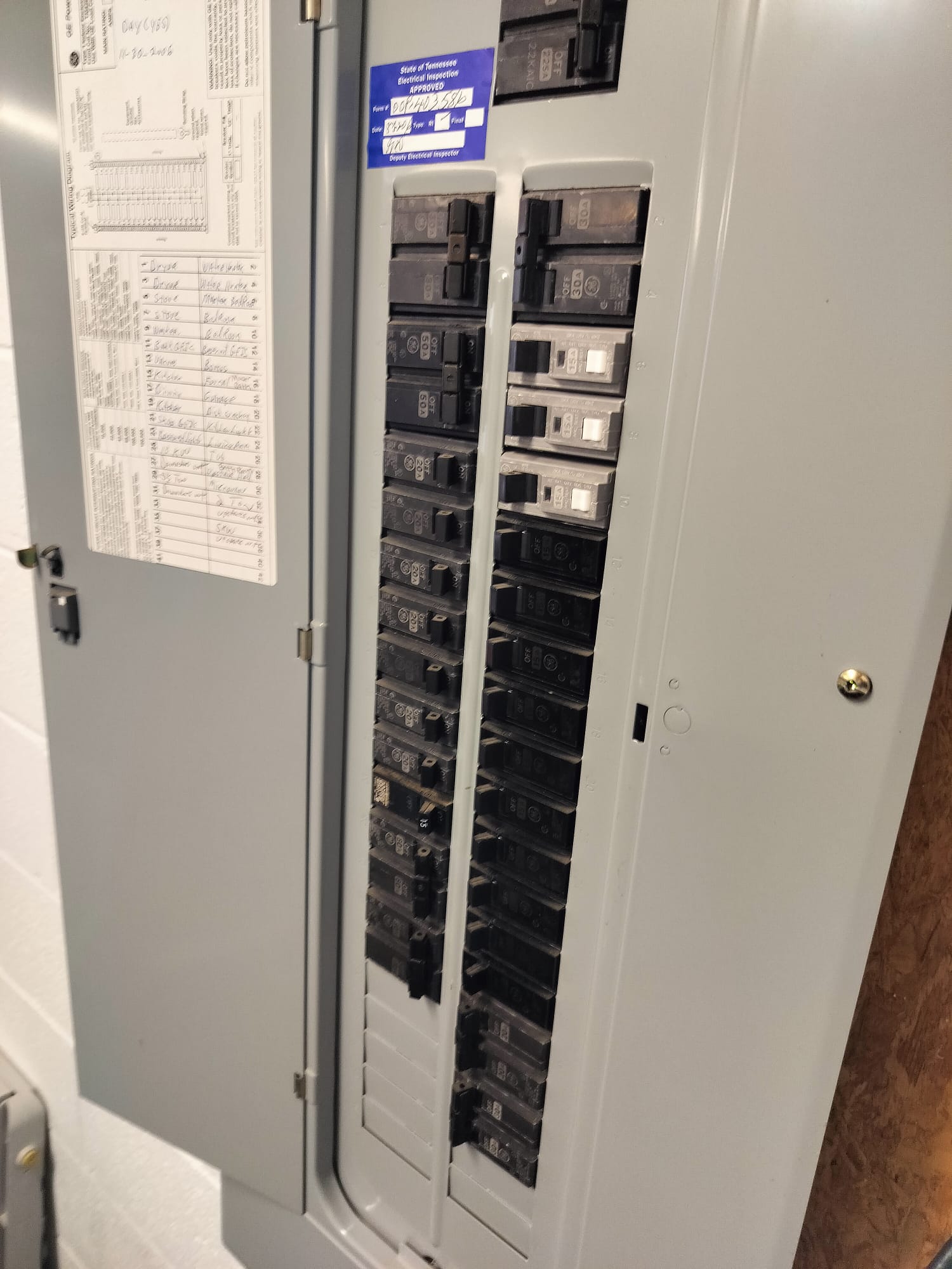 Well-maintained electrical breaker panel with clear labeling and inspection sticker