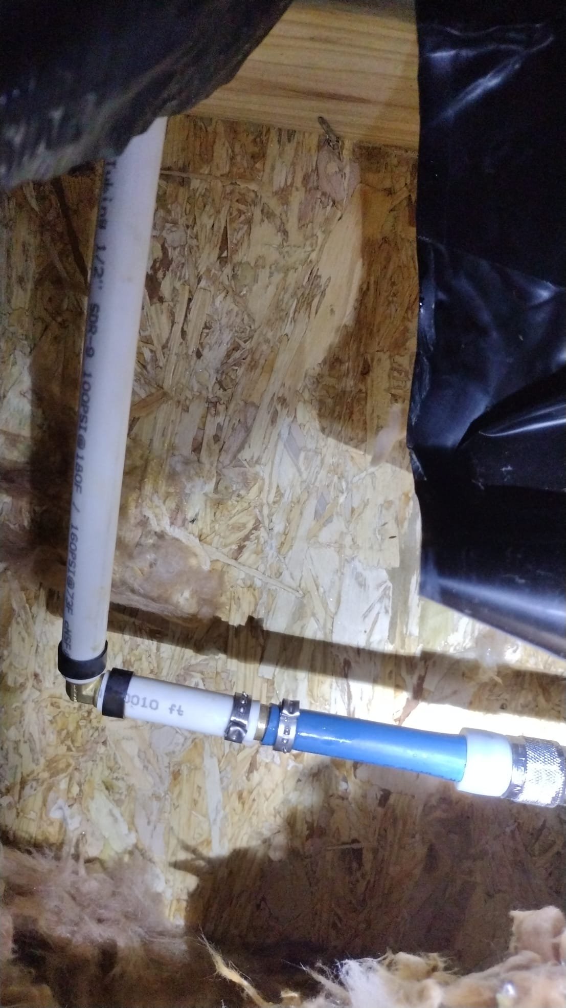 Freshly installed PEX and PVC plumbing connections