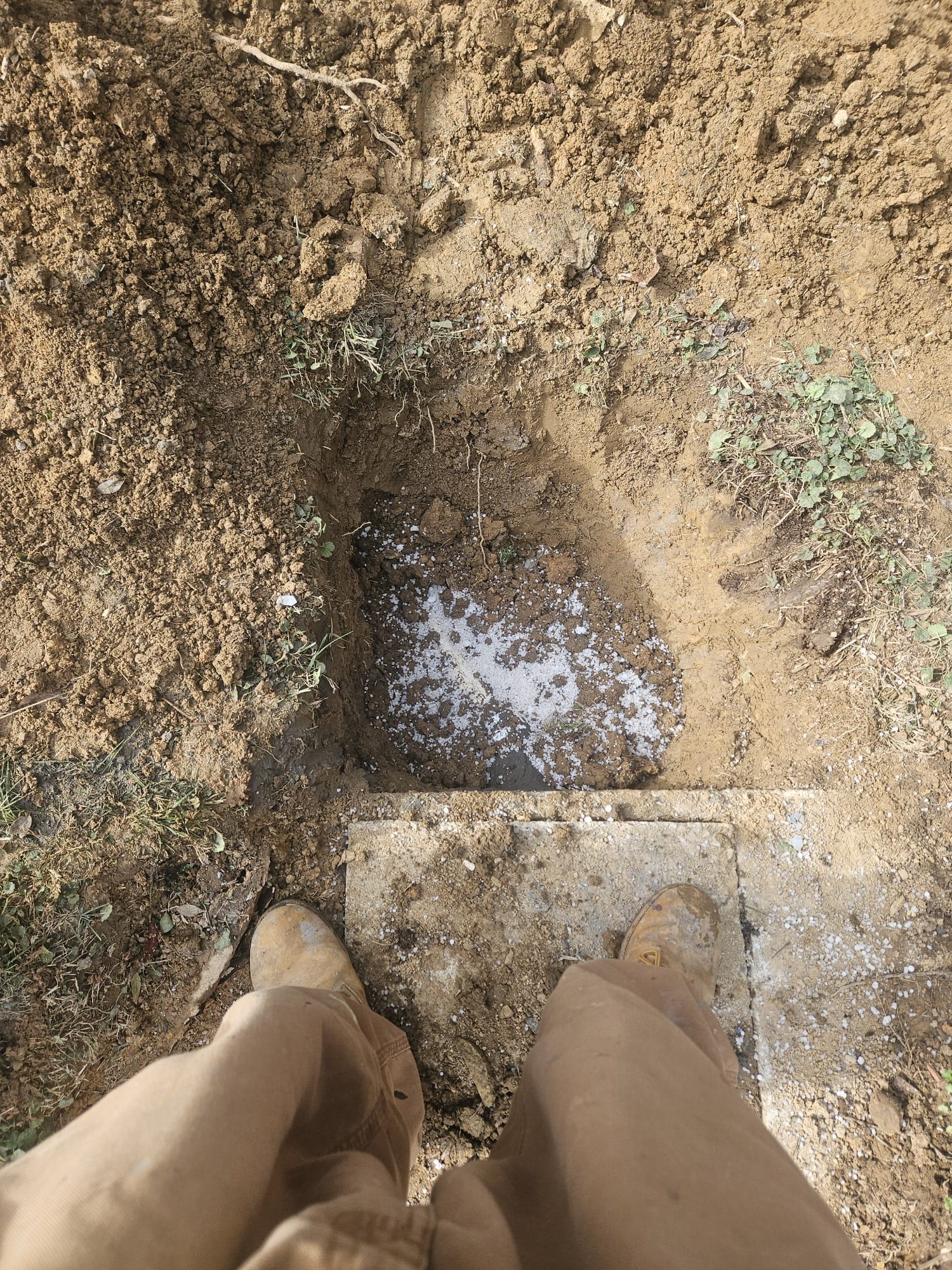 Vertical cleanout outfitted with new PVC fitting in a neatly dug hole