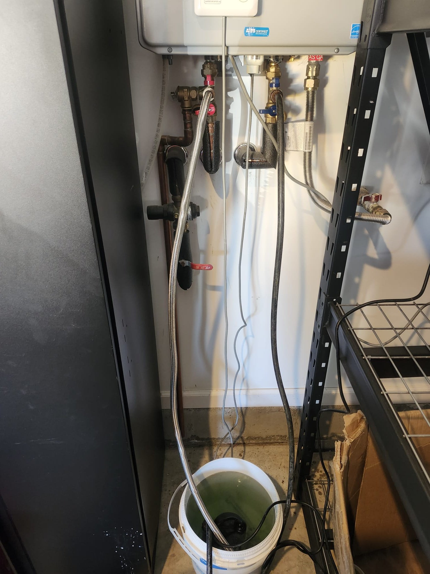 A pump flushing a tankless water heater with hoses in a bucket