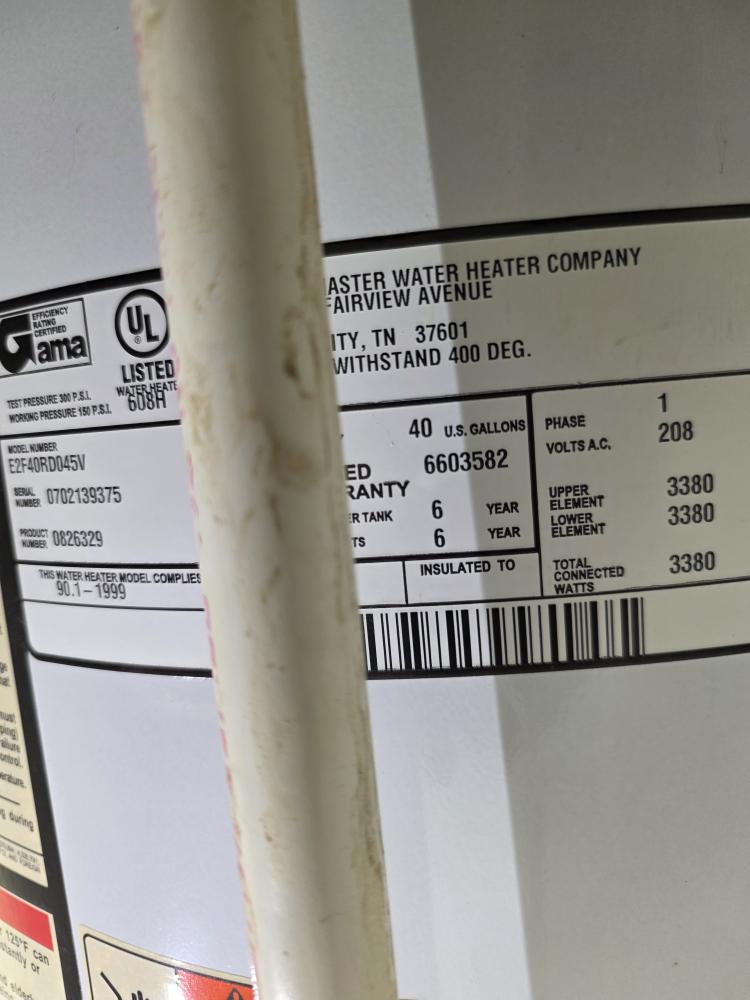 Water heater label showing model and capacity information