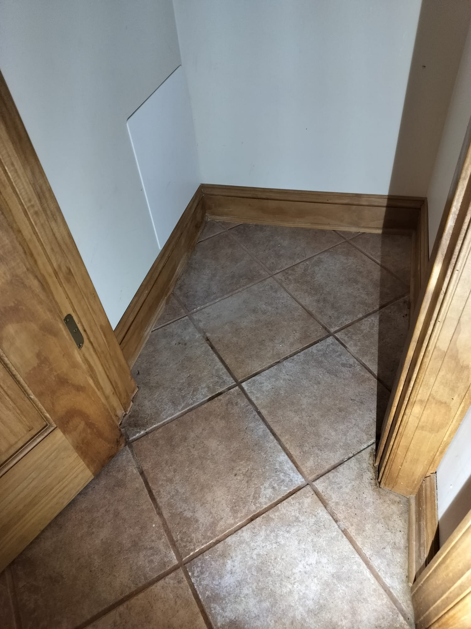 A clean wall with a white plumbing access panel beneath wood trim
